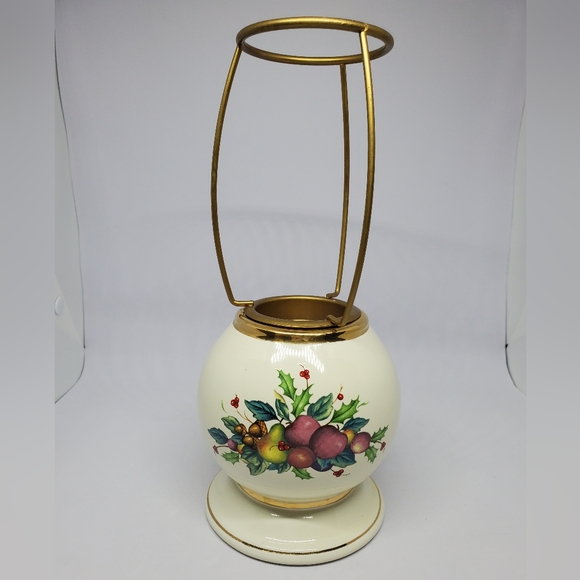 Lenox Holiday Tartan Candle Lamp & Shade, Fruit and Holly Leaves Gold Trim Vtg. - Picture 3 of 14